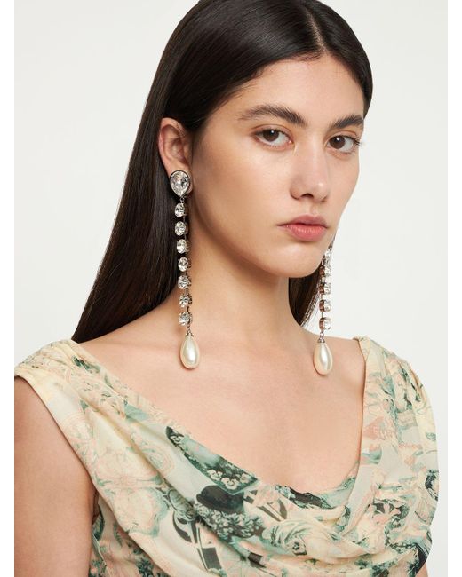 Alessandra Rich White Crystal Long Earrings W/ Faux Pearl