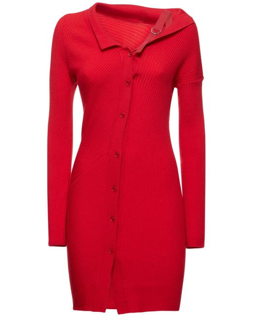 Jacquemus Red Colin Asymmetric Ribbed Wool-blend Mini Dress