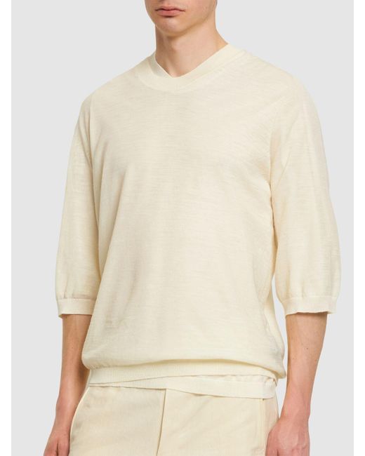 Zegna Natural 3/4 Sleeve Wool Crewneck Sweater for men