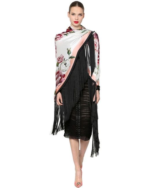 Dolce & Gabbana Black Floral Silk Satin Shawl With Fringe