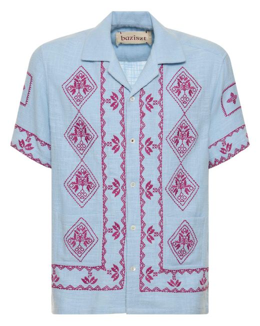 BAZISZT Blue Embroidered Cotton Shirt for men