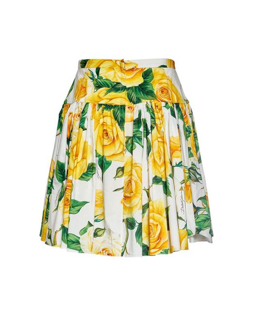 Dolce & Gabbana Yellow Rose Pleated Cotton Poplin Mini Skirt