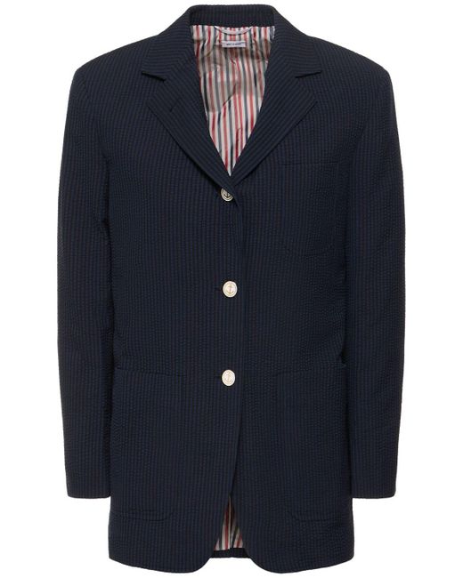 Thom Browne Blue Wool Seersucker Jacket W/ Pockets