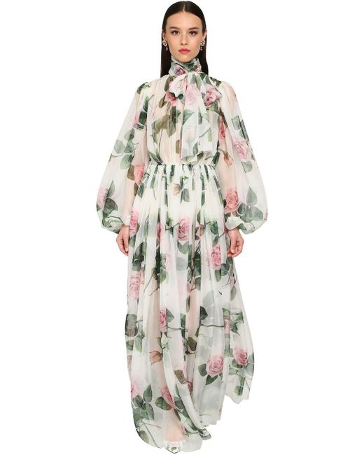 Dolce & Gabbana Multicolor Long Tropical Rose Print Chiffon Dress