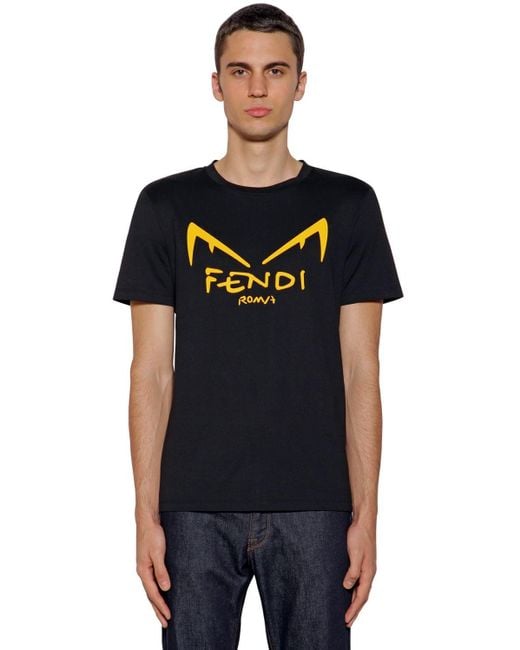 Fendi Black Diabolic Eyes Logo Print Cotton T Shirt for men