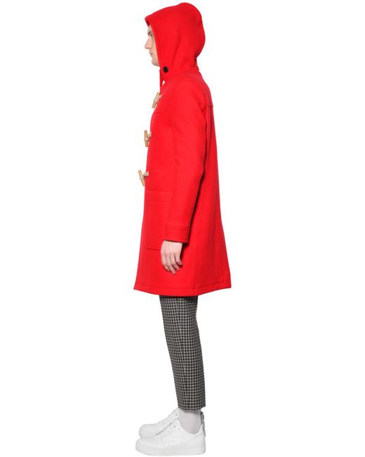 AMI Hooded Wool Felt Duffle Coat in Red for Men | Lyst