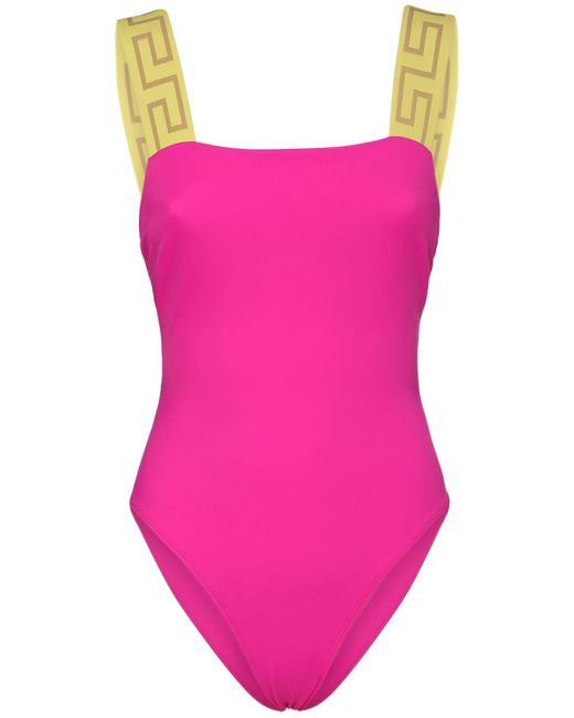 Versace Greek Monogram One Piece Bathing Suit in Pink/Yellow (Pink