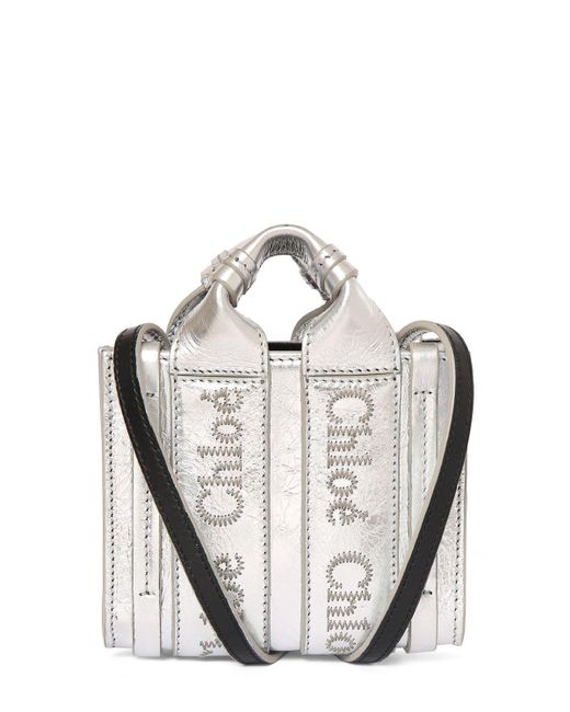 Chloé White Micro Woody Metallic Leather Tote Bag