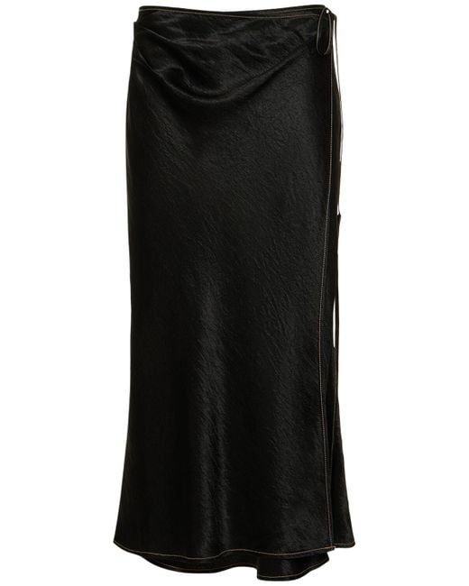 Acne Black Satin Wraparound Midi Skirt