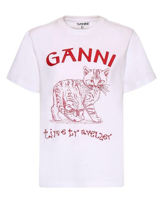 Ganni White T-shirt Aus Jersey Mit Katzendruck
