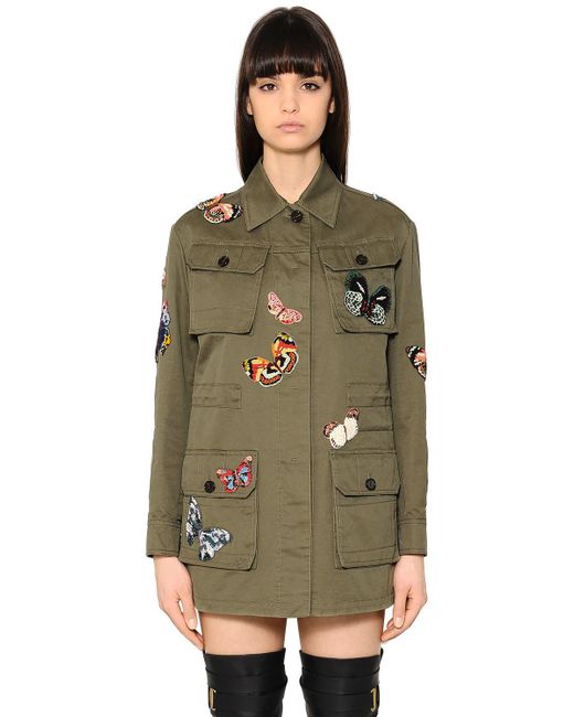 Valentino Green Butterfly Patches Gabardine Field Jacket