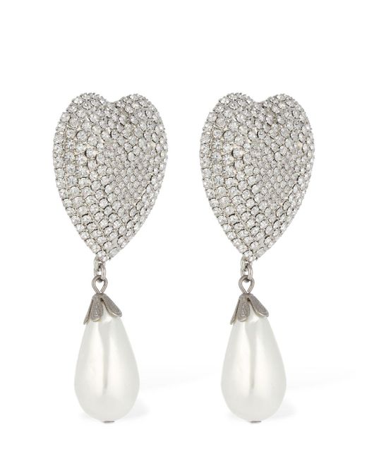 Alessandra Rich White Heart Crystal & Faux Pearl Drop Earrings