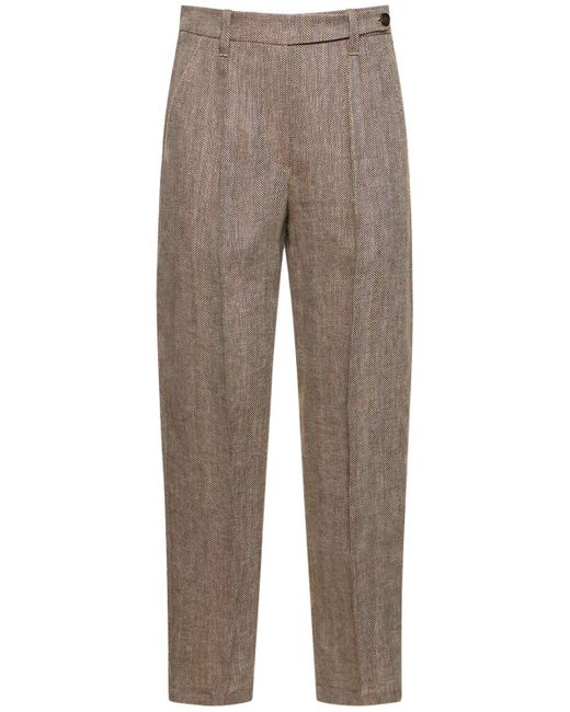 Brunello Cucinelli Gray Macro Herringbone Linen Straight Pants