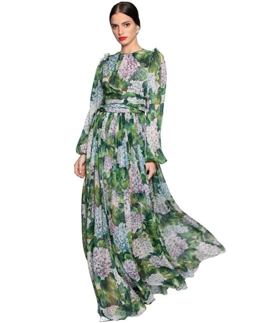 Dolce & Gabbana Green Hydrangea Printed Silk Chiffon Dress
