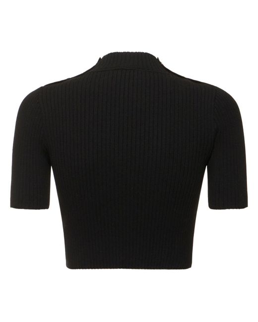 Courreges Black Shoulder Snaps Rib Knit Crop Sweater
