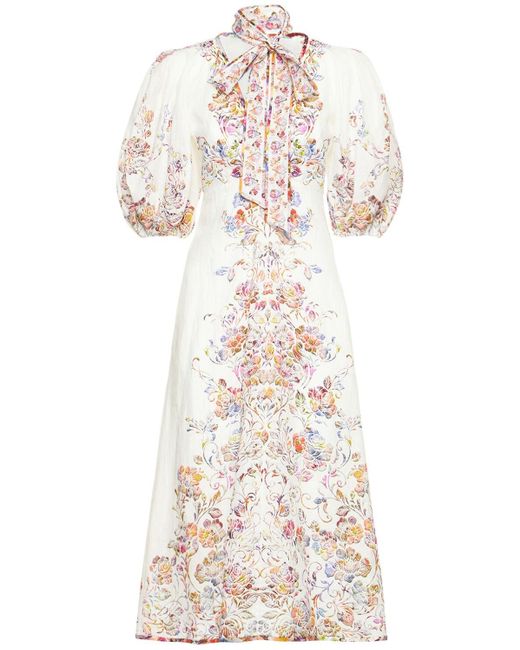 Zimmermann Prima Day Printed Linen Midi Dress in White | Lyst