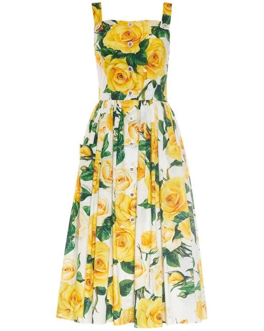 Dolce & Gabbana Yellow Midikleid Aus Baumwollpopeline Mit Blumenprint Und Falten