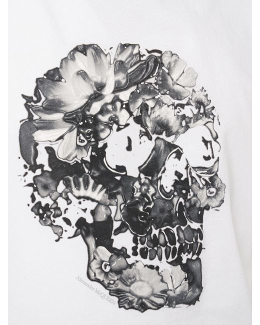 Alexander McQueen White Wax Flower Skull Print Cotton T-shirt for men