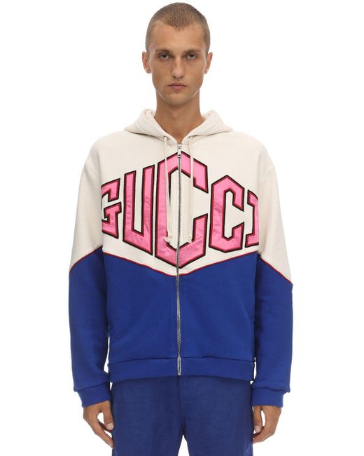 Gucci Blue Logo Zip-up Cotton Sweatshirt Hoodie for men