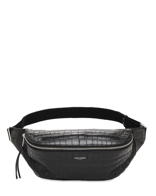 Saint Laurent Black Croc Embossed Leather Belt Bag for men