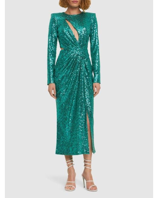 Zuhair Murad Green Sequined Draped Long Sleeve Midi Dress