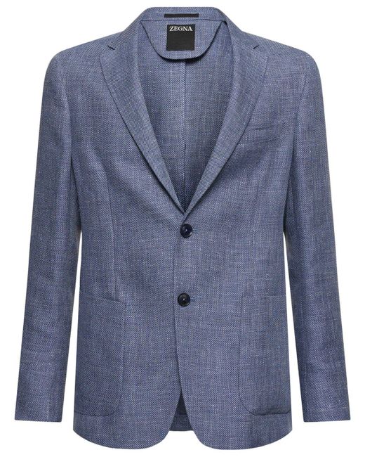 Zegna Blue Linen & Cotton Single Breasted Blazer for men