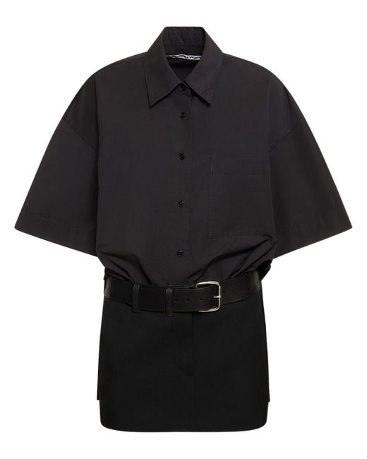 Alexander Wang Black Mini-hemdkleid Aus Baumwolle Mit Ledergürtel