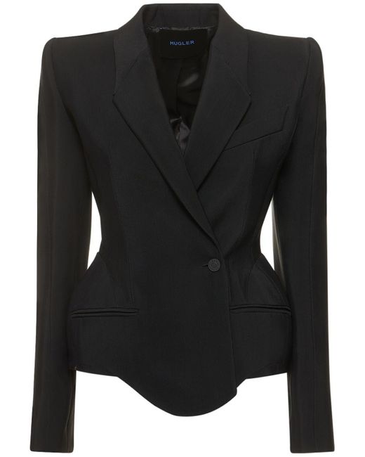 Mugler Black Heavy Fluid Viscose & Wool Fitted Jacket