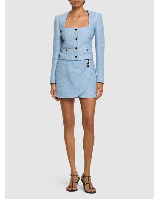 Alessandra Rich Blue Sequined Tweed Square Neck Jacket