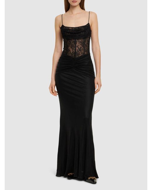Alessandra Rich Black Laminated Jersey Long Dress W/ Lace