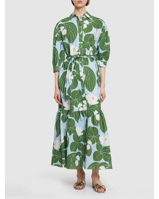 Borgo De Nor Green Bianca Print Cotton & Linen Long Dress