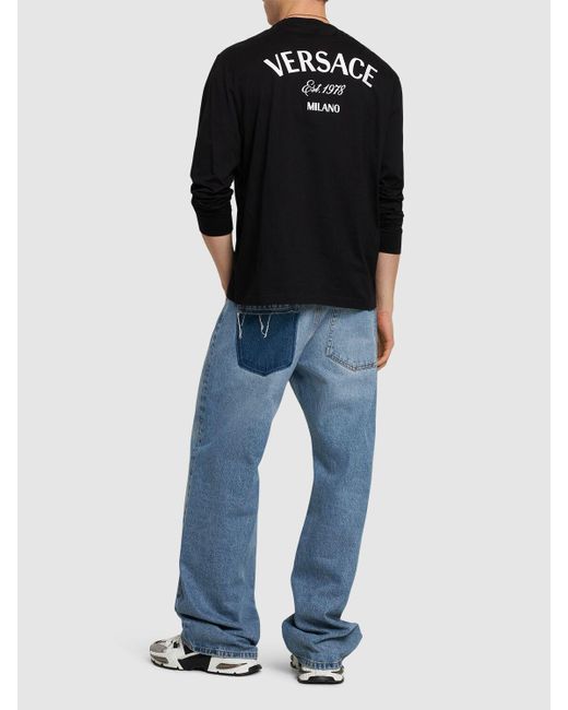 Versace Langärmeliges T-shirt Aus Baumwolle Mit Logodruck in Black für Herren