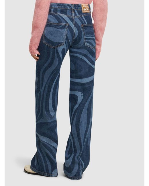 Jean large en denim imprimé taille mi-haute Emilio Pucci en coloris Blue