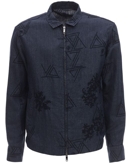 Giorgio Armani Blue Embroidered Linen Jacket for men