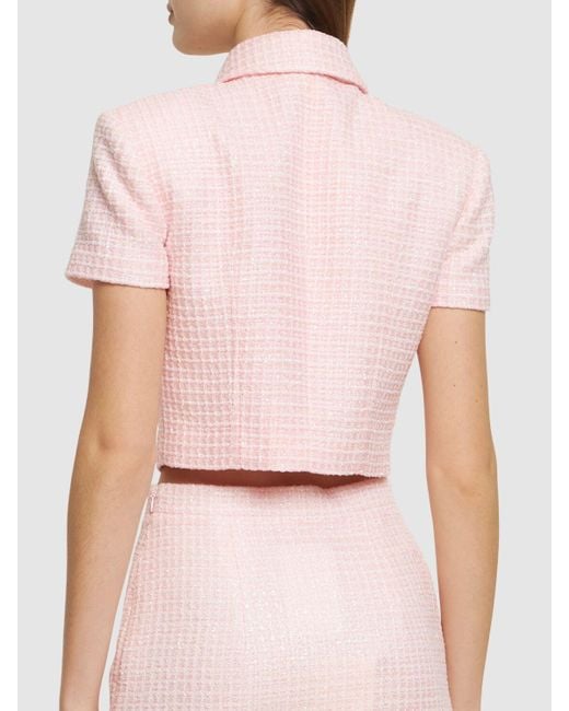 Alessandra Rich Pink Sequined Tweed Crop Top W/Bow