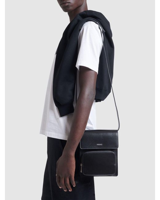 Versace Black Vertical Leather Logo Messenger Bag for men