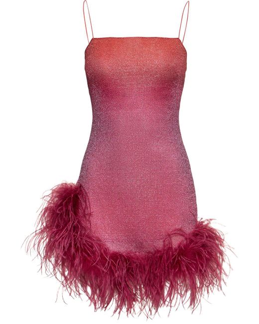 Oseree Red Lumiere Shade Lurex Mini Dress W/feather