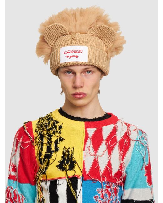 Charles Jeffrey Brown Chunky Lion Cotton Beanie for men