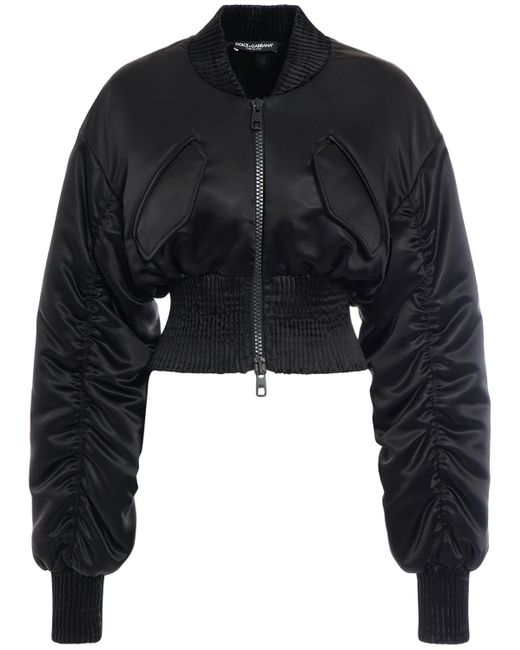 Dolce & Gabbana Black Draped Satin Cropped Bomber Jacket