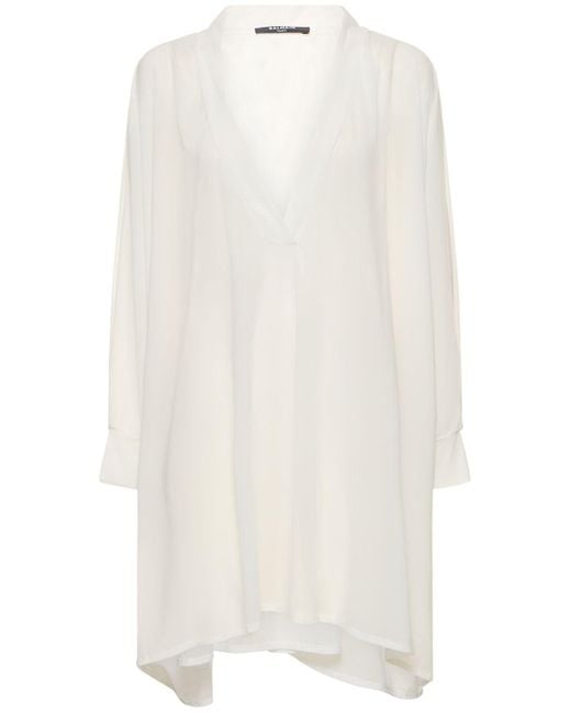 Balmain White Shiny Jersey V-neck Mini Kaftan Dress