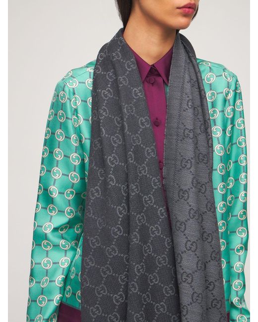 Gucci Wool Gg Jacquard Pattern Knit Scarf in Grey (Black) | Lyst