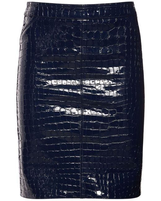 Tom Ford Blue Glossy Croc Print Leather Mini Skirt