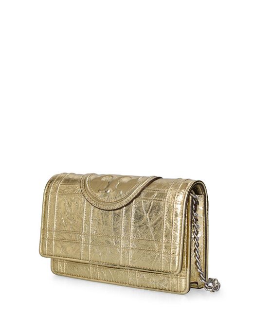 Tory Burch Natural Metallic Square Leather Chain Wallet