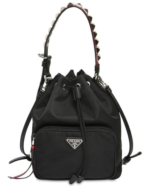 Prada Black New Vela Nylon Bucket Bag W/ Studs
