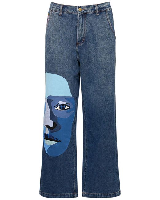 Jeans dritti blue face in denim di cotone di Kidsuper da Uomo