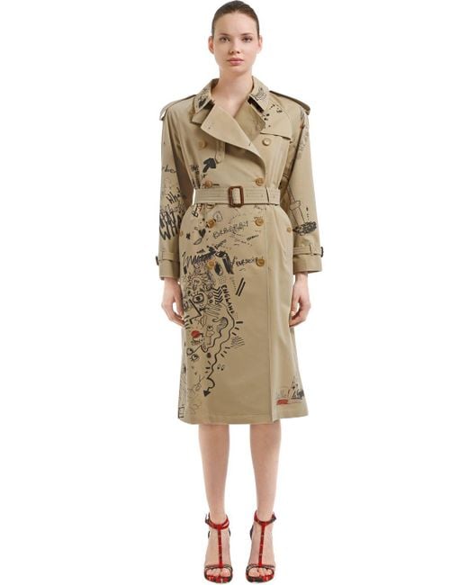 Burberry Doodle-print Cotton Trench Coat in Natural | Lyst