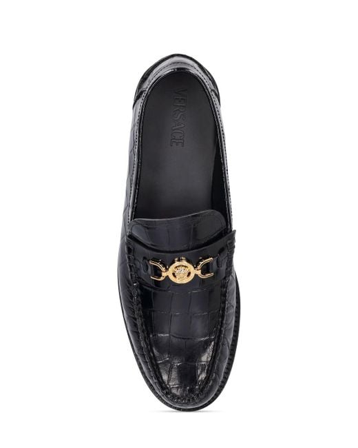 Versace Black Medusa Croc Embossed Leather Loafers for men