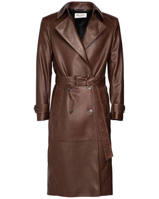 Saint Laurent Brown Double-breasted Leather Trench Coat for men