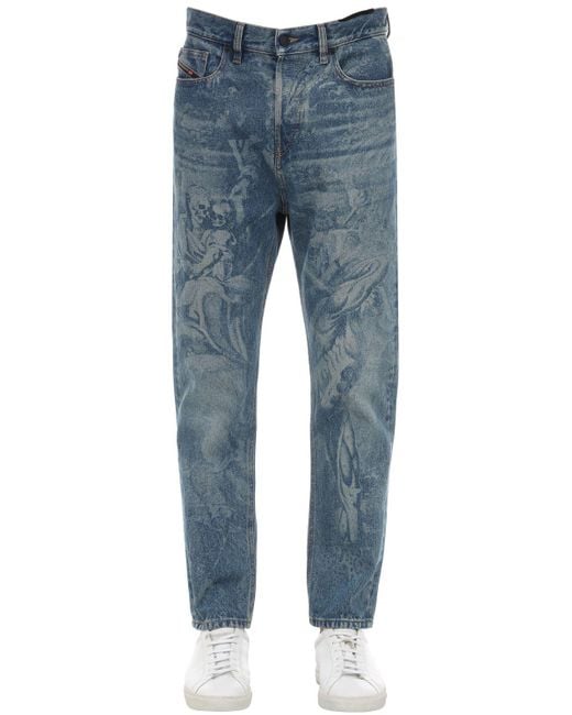 DIESEL Blue D-vider-sp4 Printed Cotton Denim Jeans for men