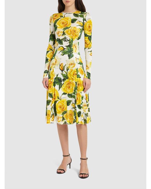 Dolce & Gabbana Yellow Rose Print Organza Midi Dress